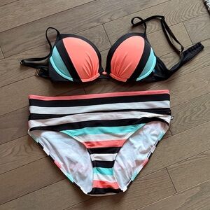 La Vie En Rose Coral, Aqua & Black Colorblock Bikini